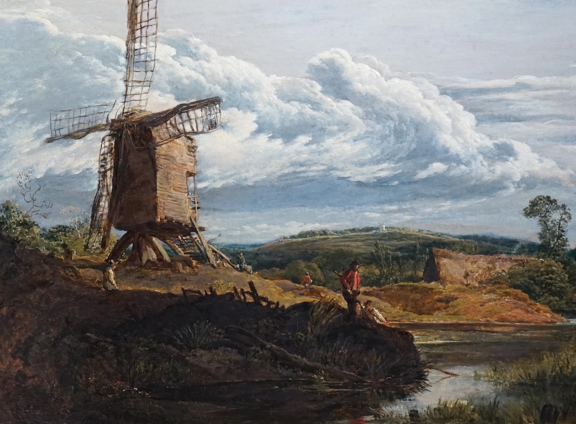 John Linnell (British, 1792-1882), Landscape with anglers and windmill, oil on panel, 35 x 46cm